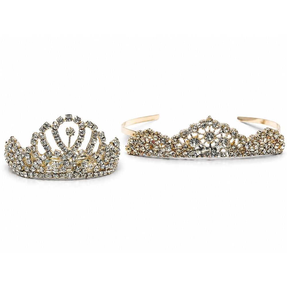Vintage Rhinestone Tiara Set Gold Bridal Prom Crown Lot